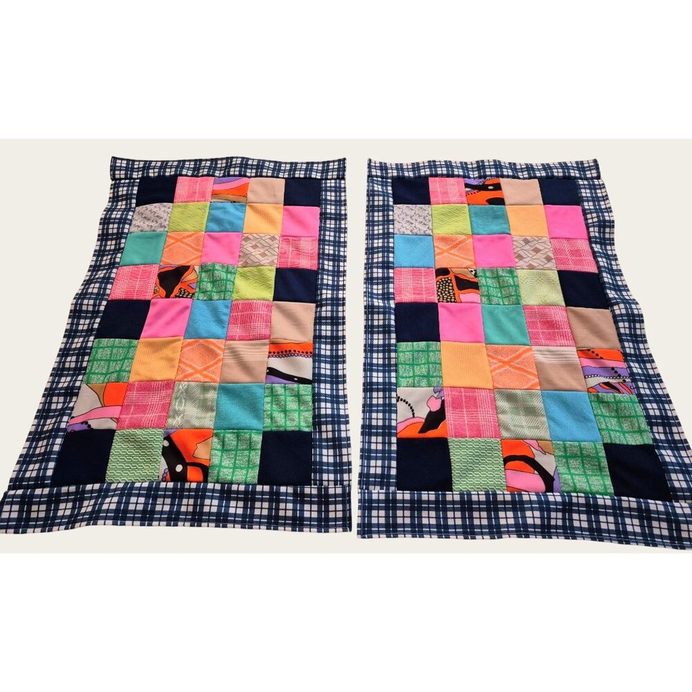2 Handmade Patchwork Pillowcases Plaid Border 33x22 Multicolor Retro Mcm Vintage